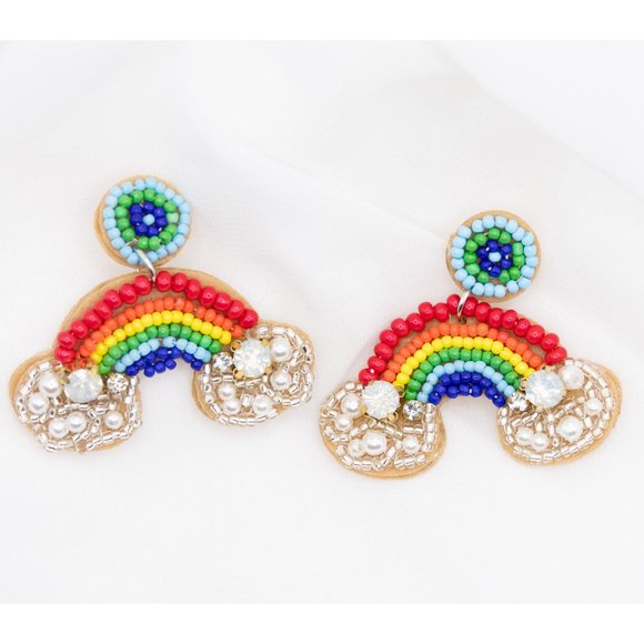 Rainbow Beaded Earrings, Rainbow Cloud Beaded Earrings - Picture 1 of 5